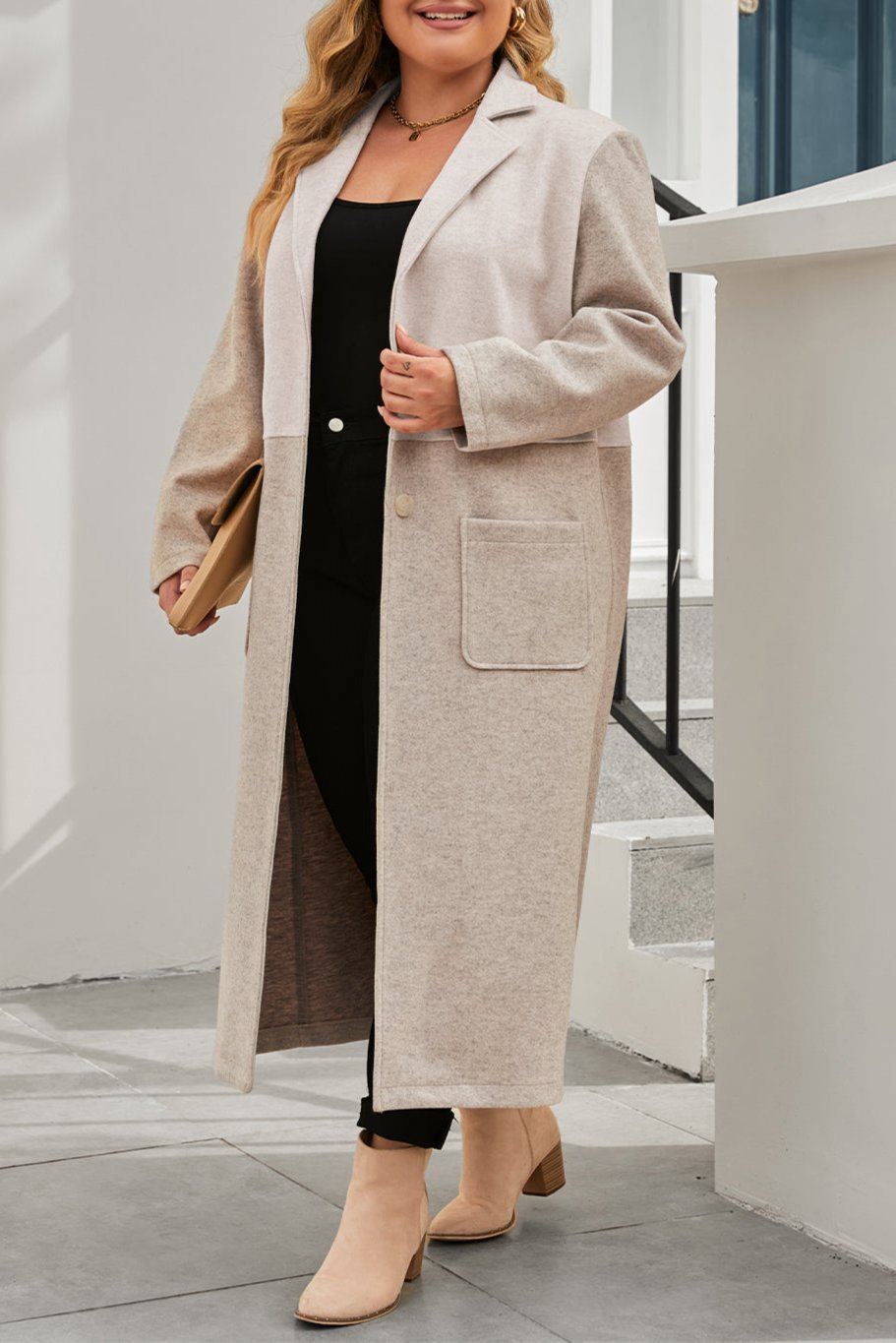 Plus Size Colorblock Lapel Collar Long Coat