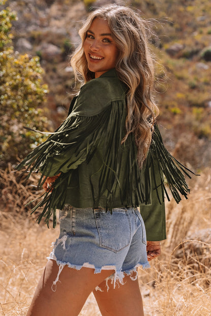 Western Faux Suede Fringe Cropped Jacket