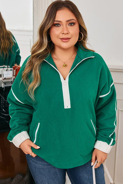 Plus Size Fleece Contrast Trim Half Zip Pocketed Sweatshirt