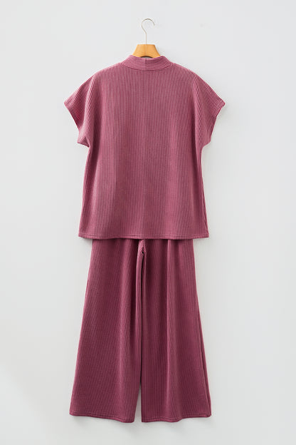 Corded Knit Mock Neck Tee and Pant Set