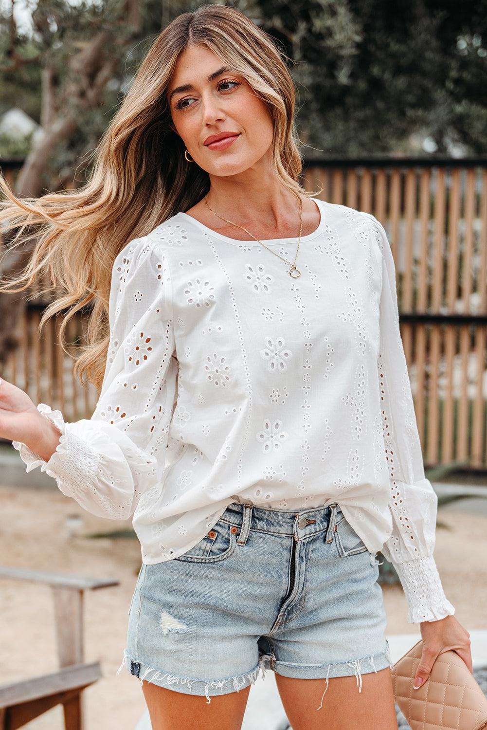 Solid Eyelet Embroidered Long Sleeve Blouse