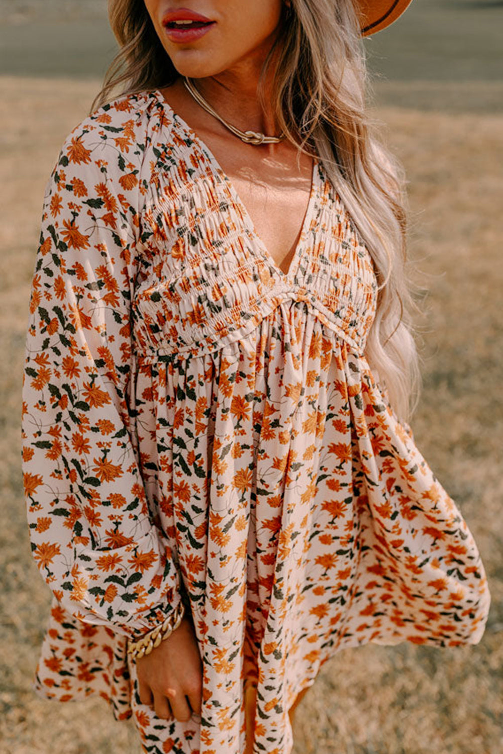 Floral V-Neck Bubble Sleeve Dress