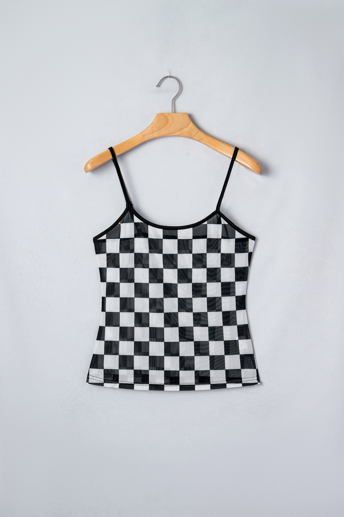 Checker Sheer Mesh Spaghetti Strap Tank Top