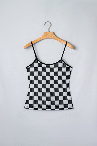 Checker Sheer Mesh Spaghetti Strap Tank Top