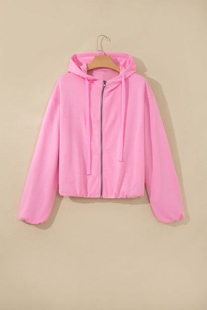 Solid Long Sleeve Zip-Up Drawstring Hoodie