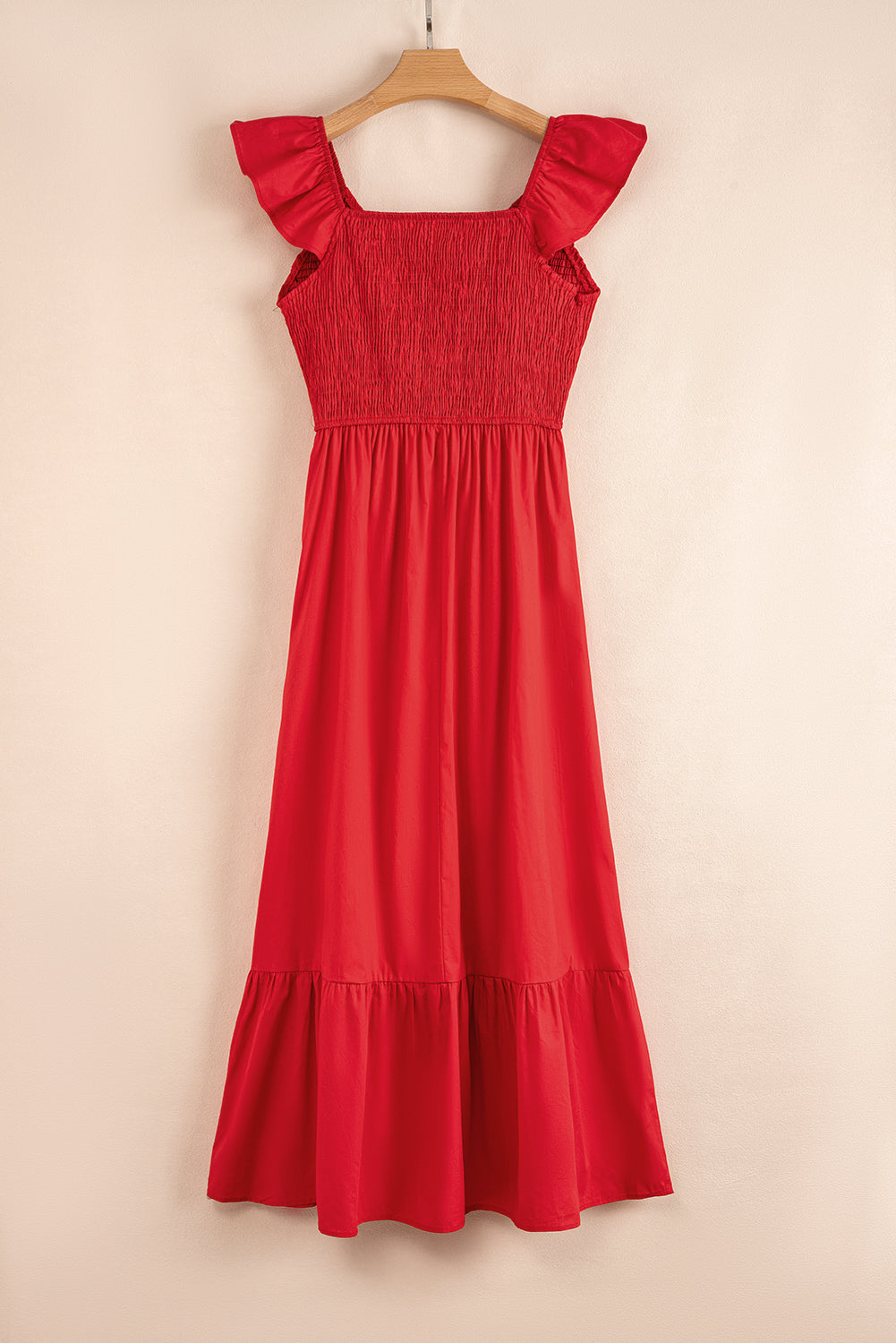 Solid V-Neck Flutter Sleeve Ruffle Maxi Dress