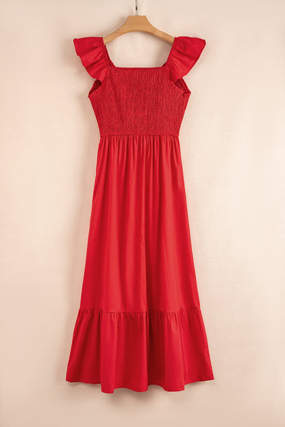 Solid V-Neck Flutter Sleeve Ruffle Maxi Dress