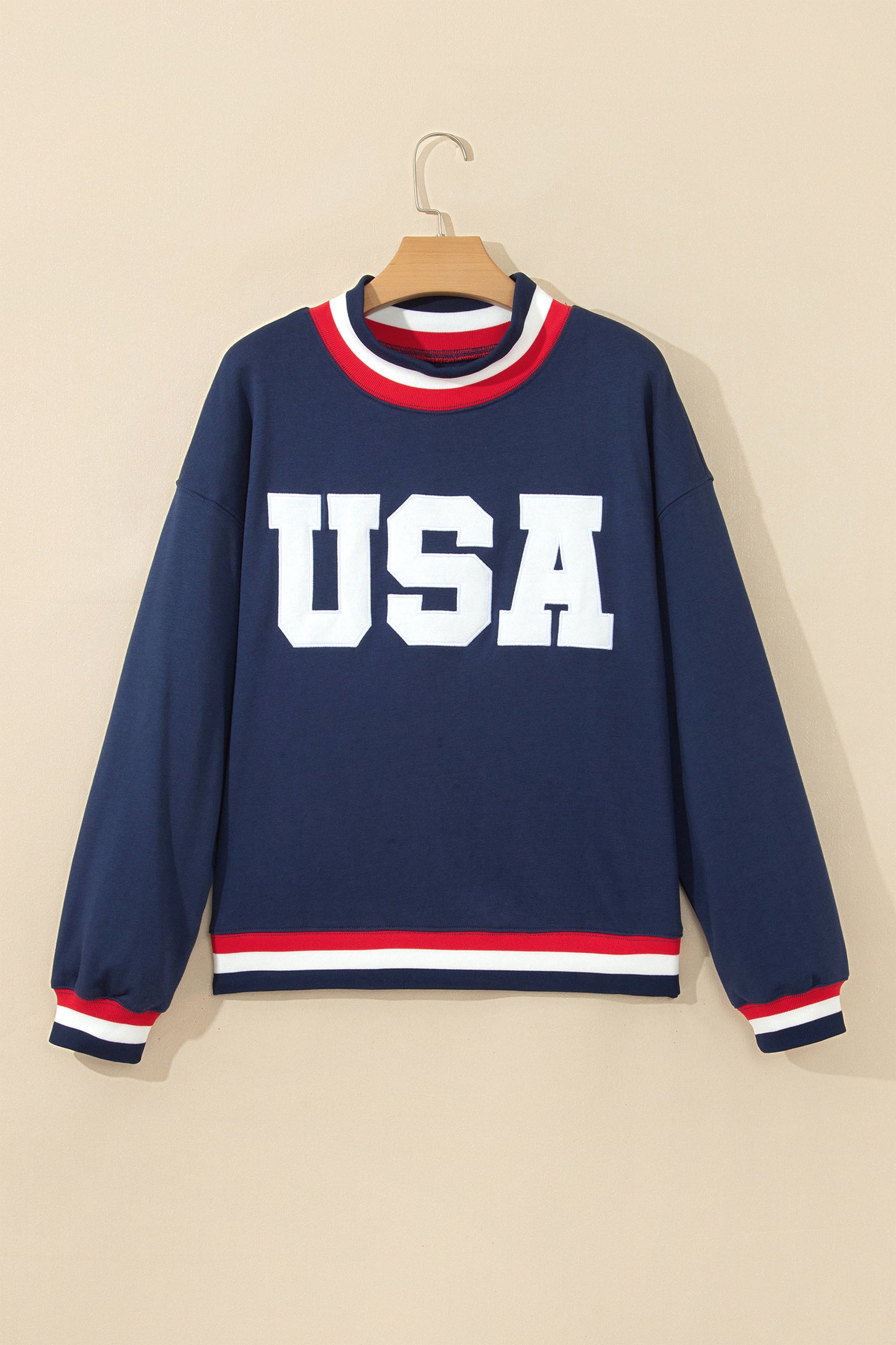 USA Slogan Patch Embroidery Colorblock High Neck Sweatshirt