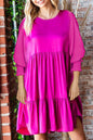 Satin Smocked 3/4 Sleeve Tiered Dress