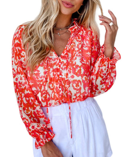 Abstract Floral Ruffle V-Neck Blouse