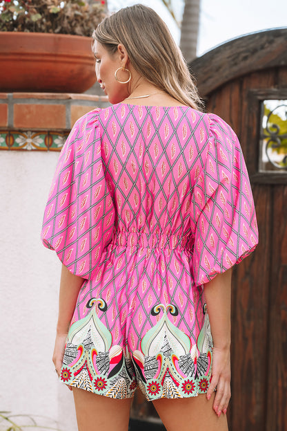 Paisley Geometric V-Neck High Waist Romper