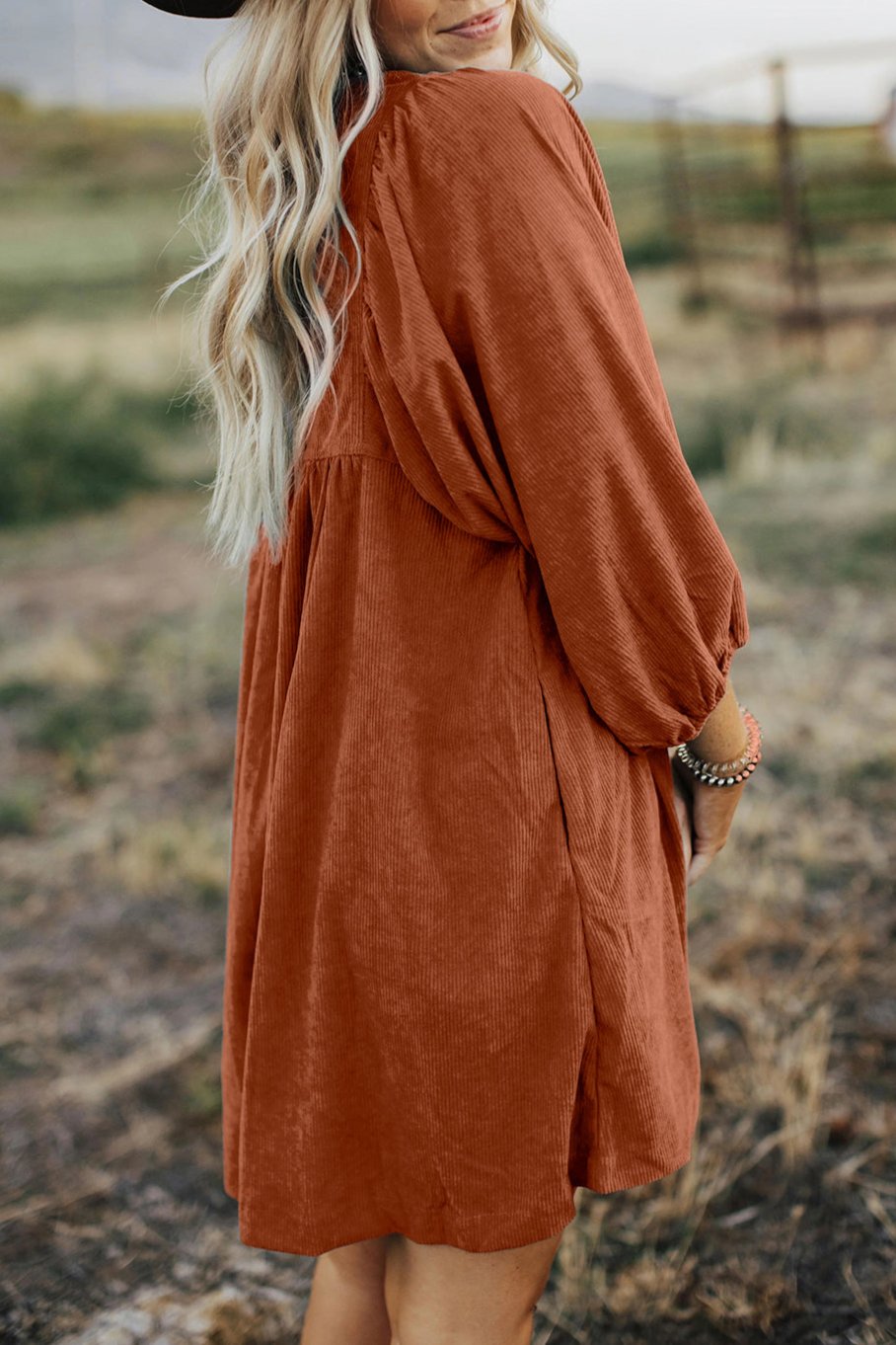 Corduroy Buttoned 3/4 Sleeve Dress