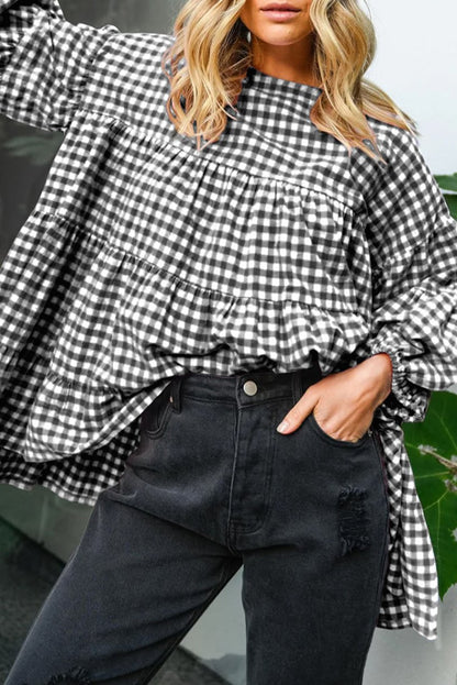 Checker Puff Sleeve Tiered Blouse