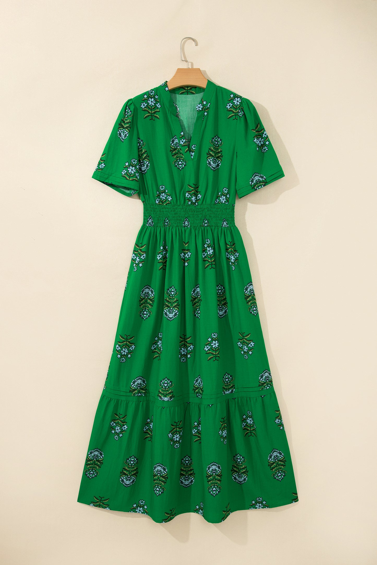Floral Split Neck Shirred High Waist Maxi Dress