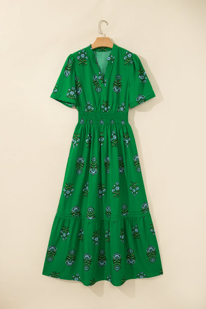 Floral Split Neck Shirred High Waist Maxi Dress