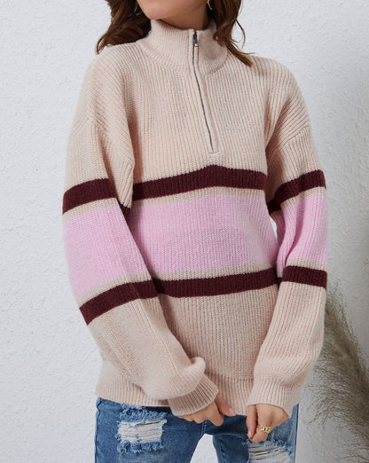 NEW! Stripe Zipper Collared Sweater