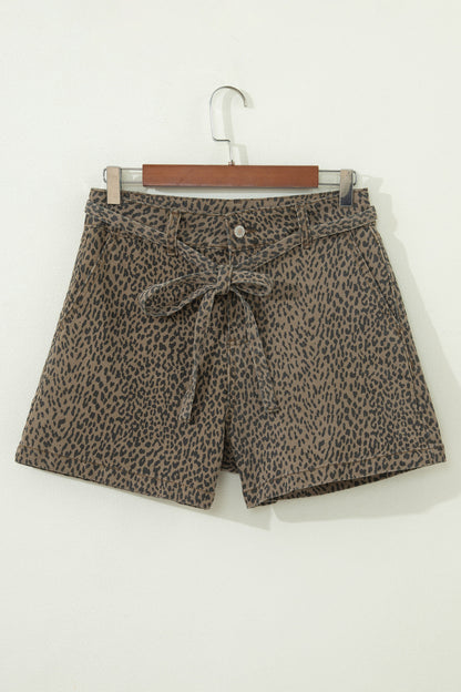 Leopard Denim Tie High Waist Shorts