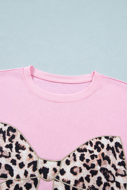 Leopard Bow Embroidered Short Sleeve T-Shirt