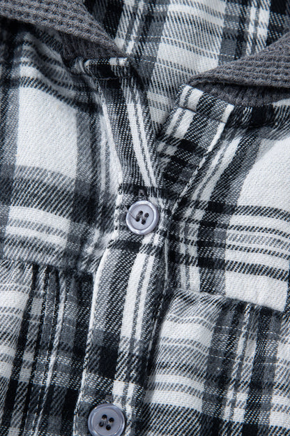 Plaid Quarter-Button Patchwork Long Sleeve Hooded Blouse