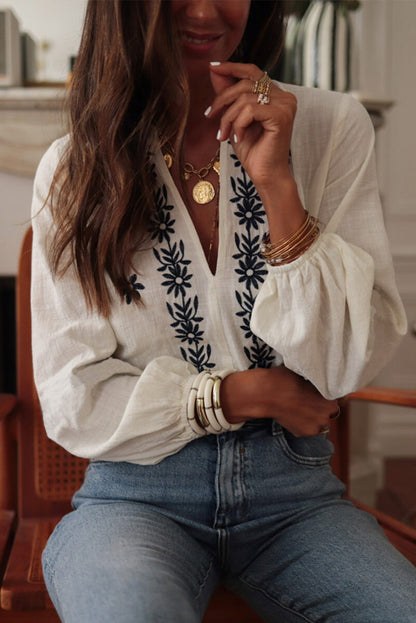 Floral Embroidered Puff Sleeve Blouse