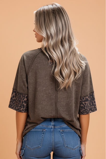 Leopard Star Patched Mineral Wash Exposed Seam T-Shirt