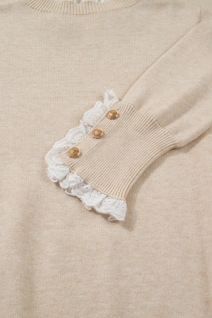 Lace Trim Patchwork Buttoned Cuff Sweater