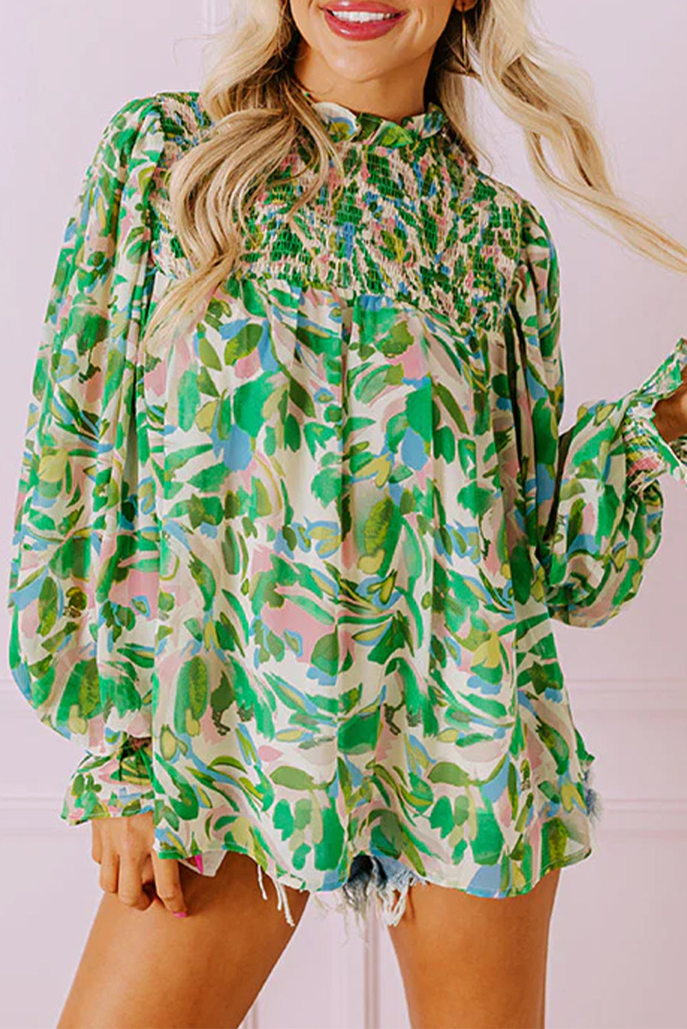 Abstract Floral Flounce Sleeve Blouse