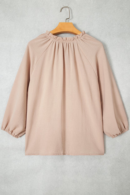Solid Gathered Cuff 3/4 Sleeve V-Neck Blouse