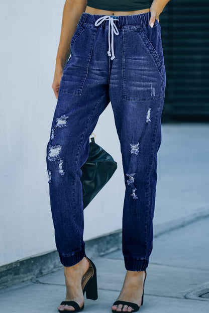 Denim Distressed Drawstring Waist Joggers