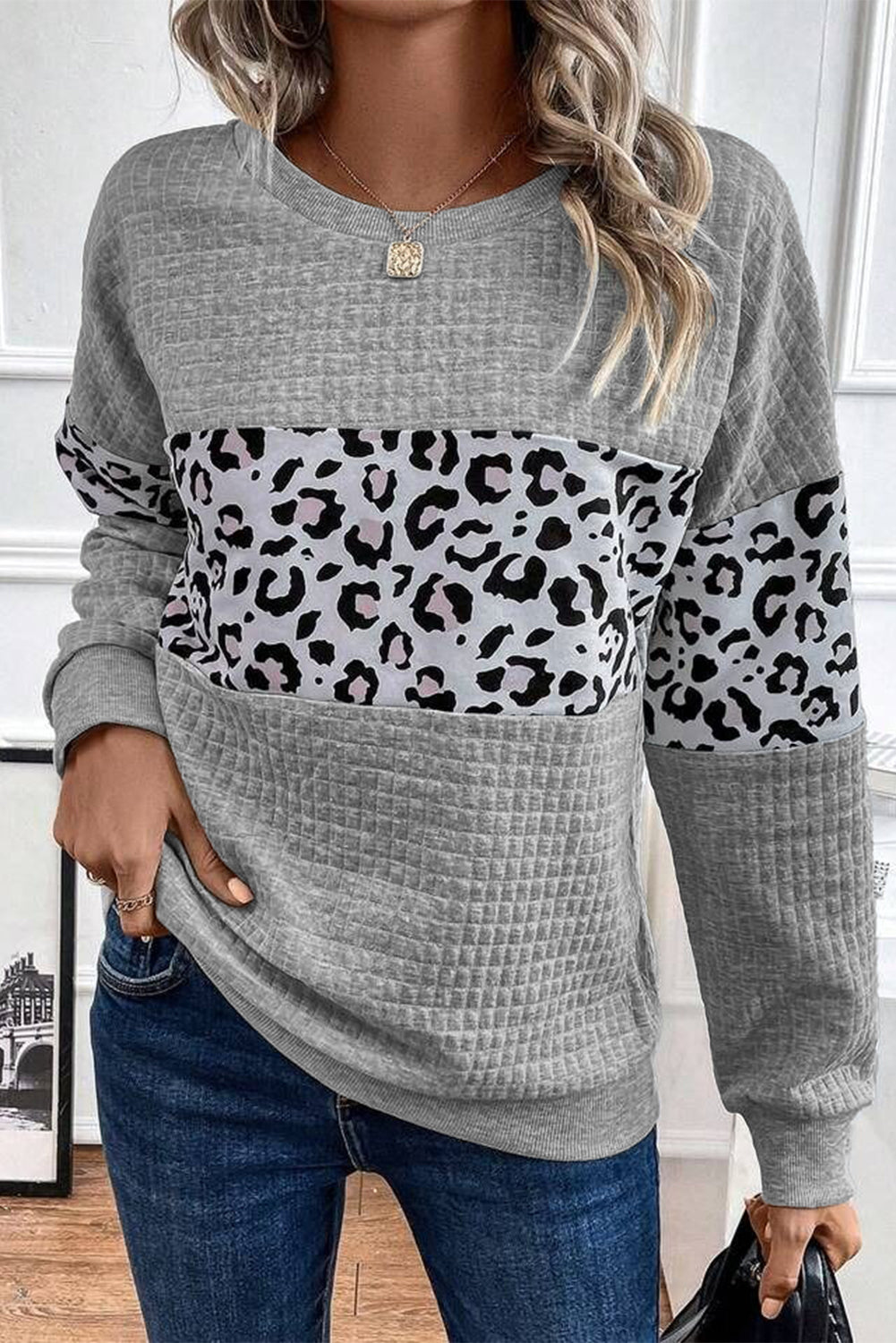 Leopard Colorblock Quilted Sweatshirt