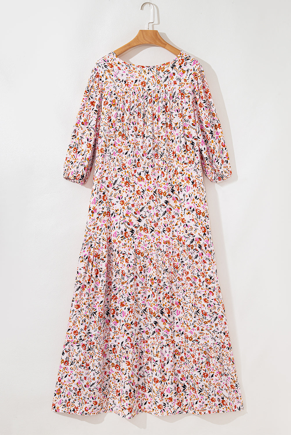 Boho Floral 3/4 Sleeve V‑Neck Maxi Dress
