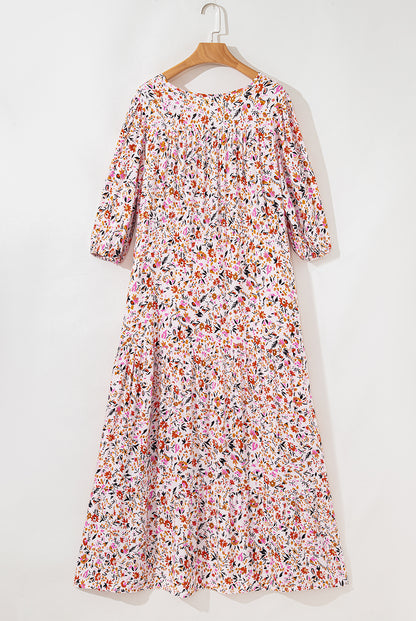 Boho Floral 3/4 Sleeve V‑Neck Maxi Dress