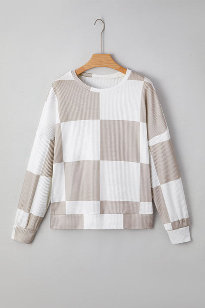 Checker Waffle Knit Long Sleeve Top