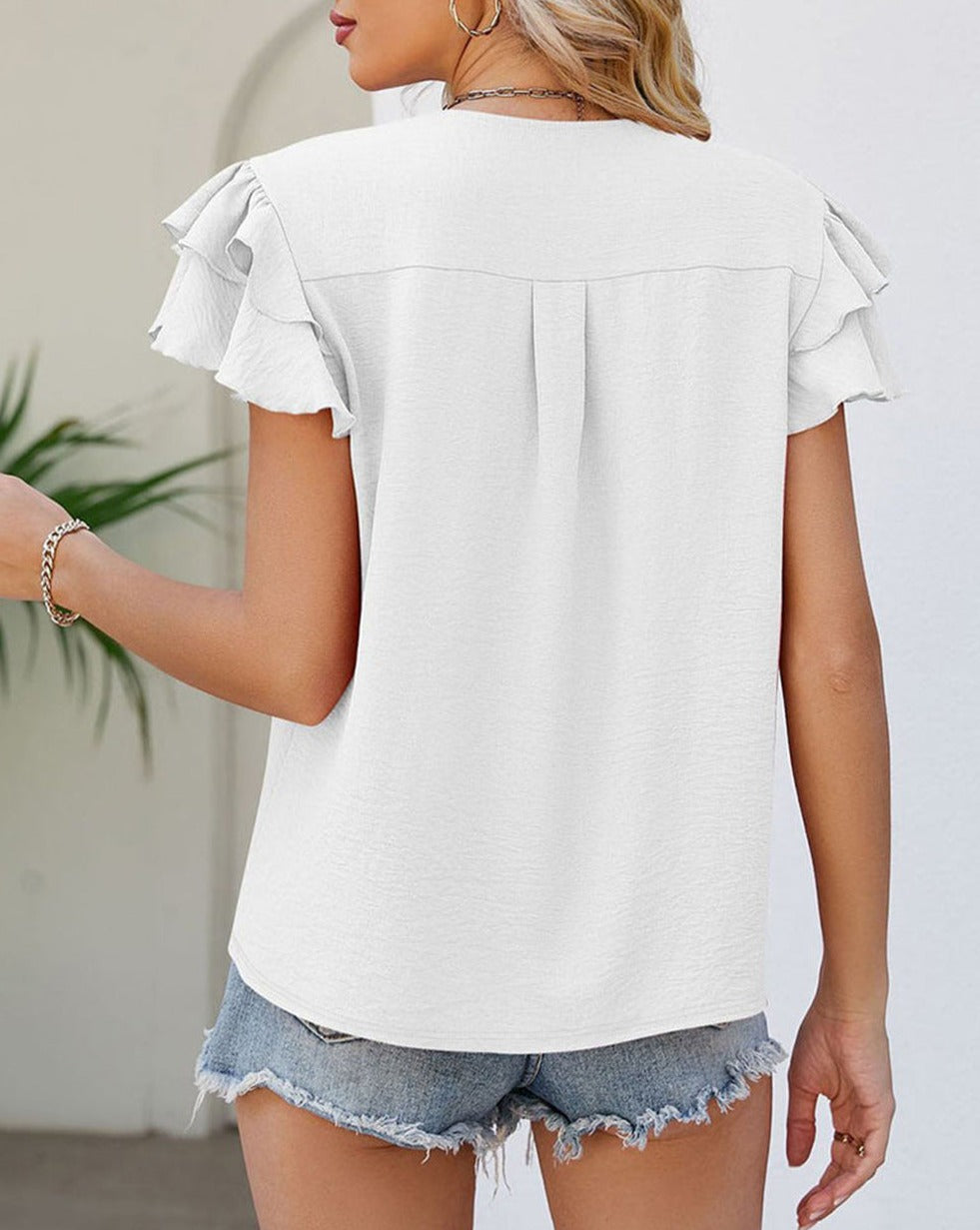 Ruffle Short Sleeve V-Neck Blouse