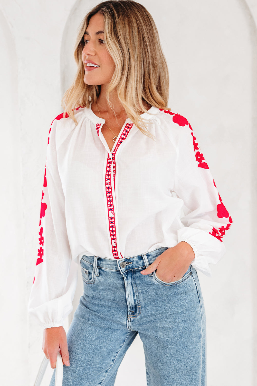 Floral Embroidered Puff Long Sleeve Shirt