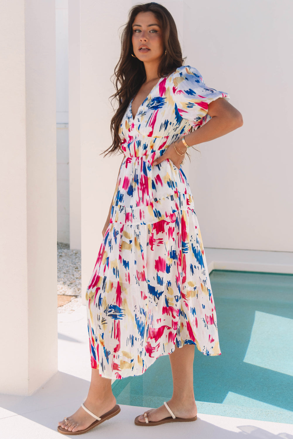 Abstract Short Puff Sleeve Tiered Maxi Dress