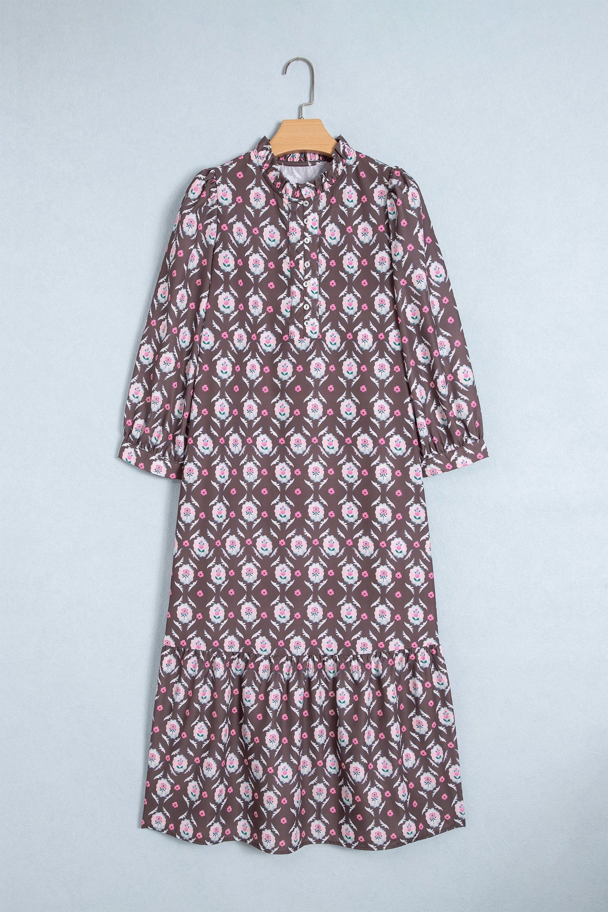 Floral Button Front Ruffle Hem Midi Dress