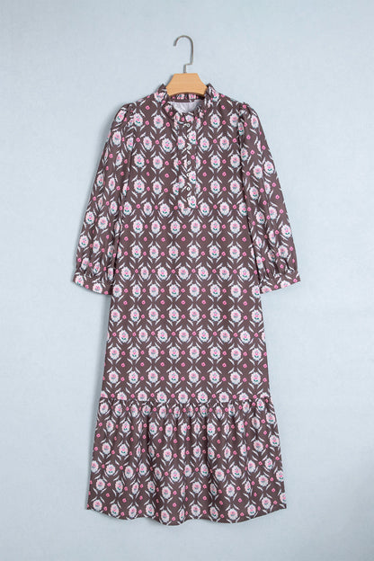 Floral Button Front Ruffle Hem Midi Dress