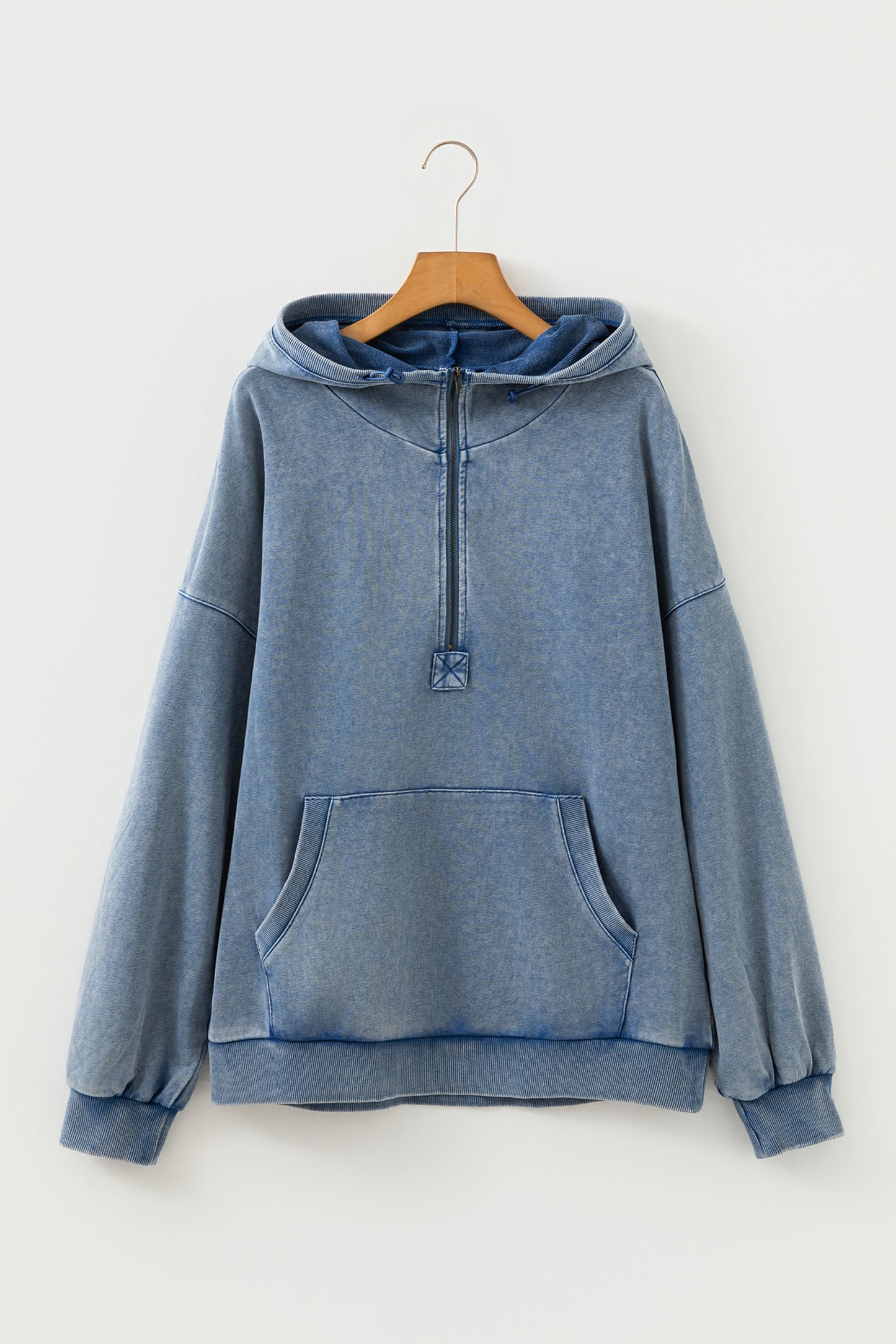 Solid Half-Zip Kangaroo Pocket Baggy Hoodie