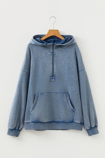 Solid Half-Zip Kangaroo Pocket Baggy Hoodie