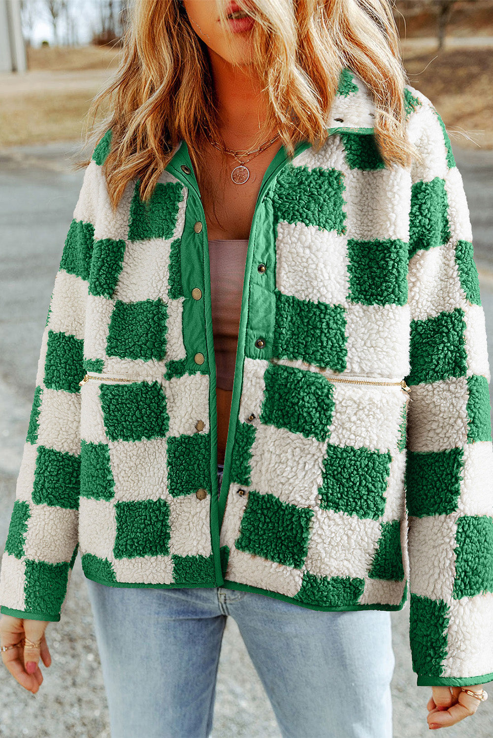 Checker Sherpa Snap Button Jacket