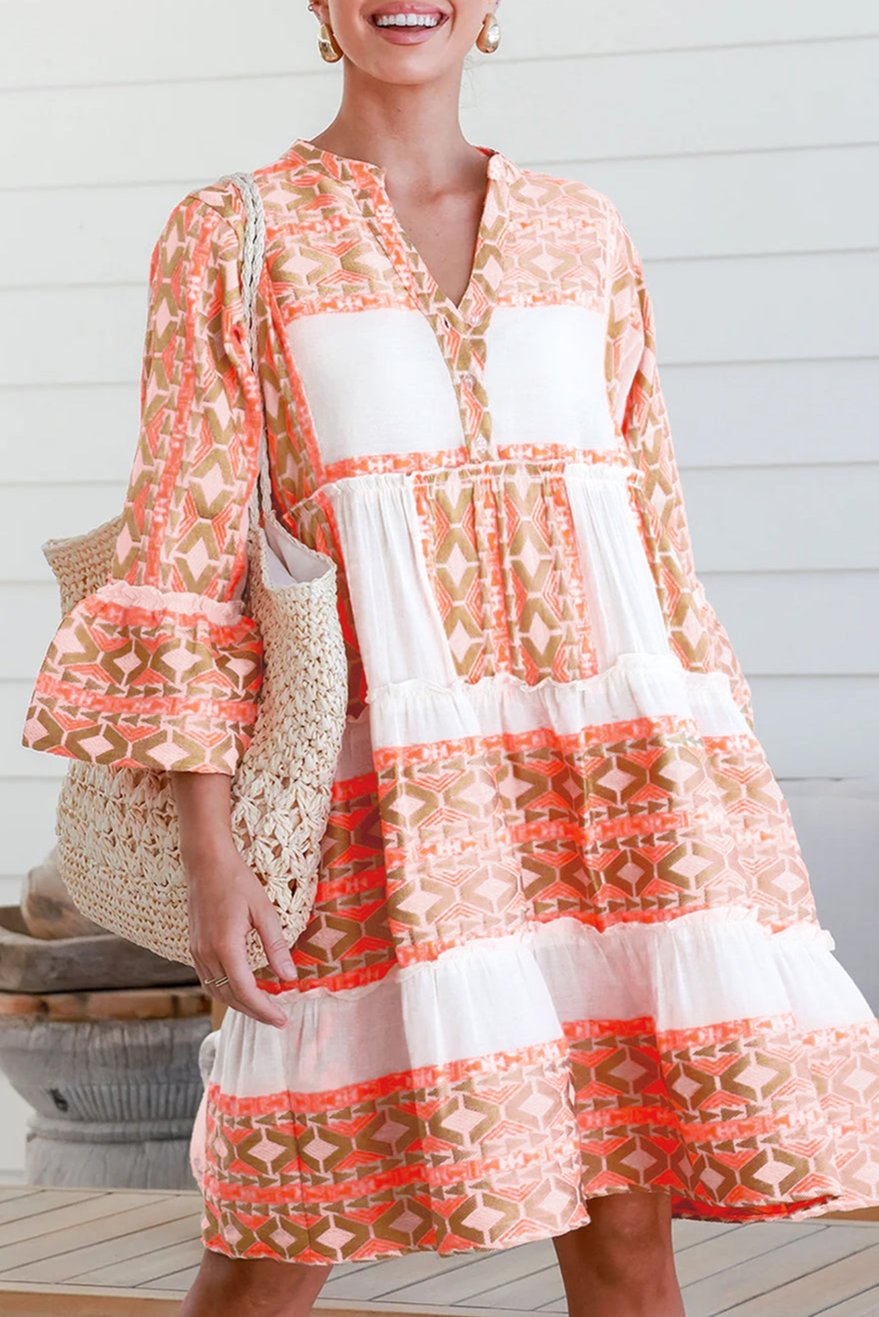 Geometric Ruffle Tiered V-Neck Dress