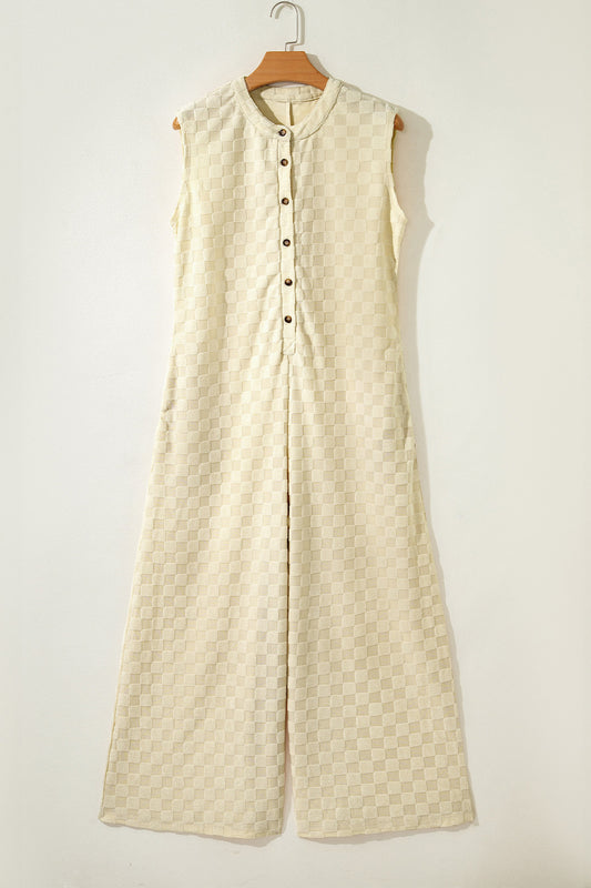 Checker Textured Sleeveless Wide Leg Jumpsuit