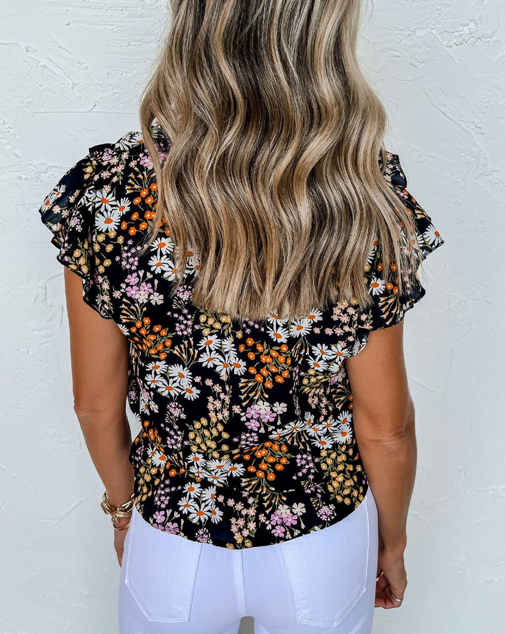 Floral Ruffle Tied Split Neck Blouse