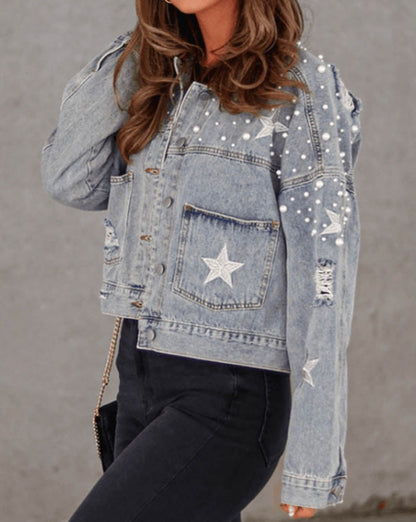 Denim Pearl Distressed Cropped Jacket