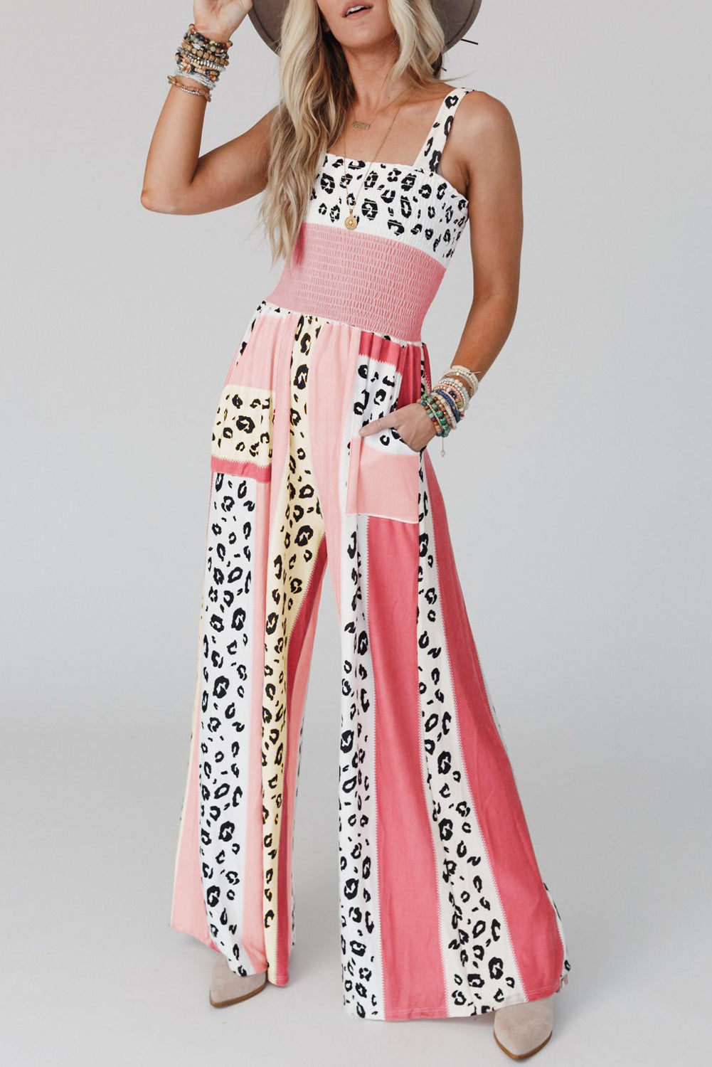 Leopard Color Block Pocketed Jumpsuit