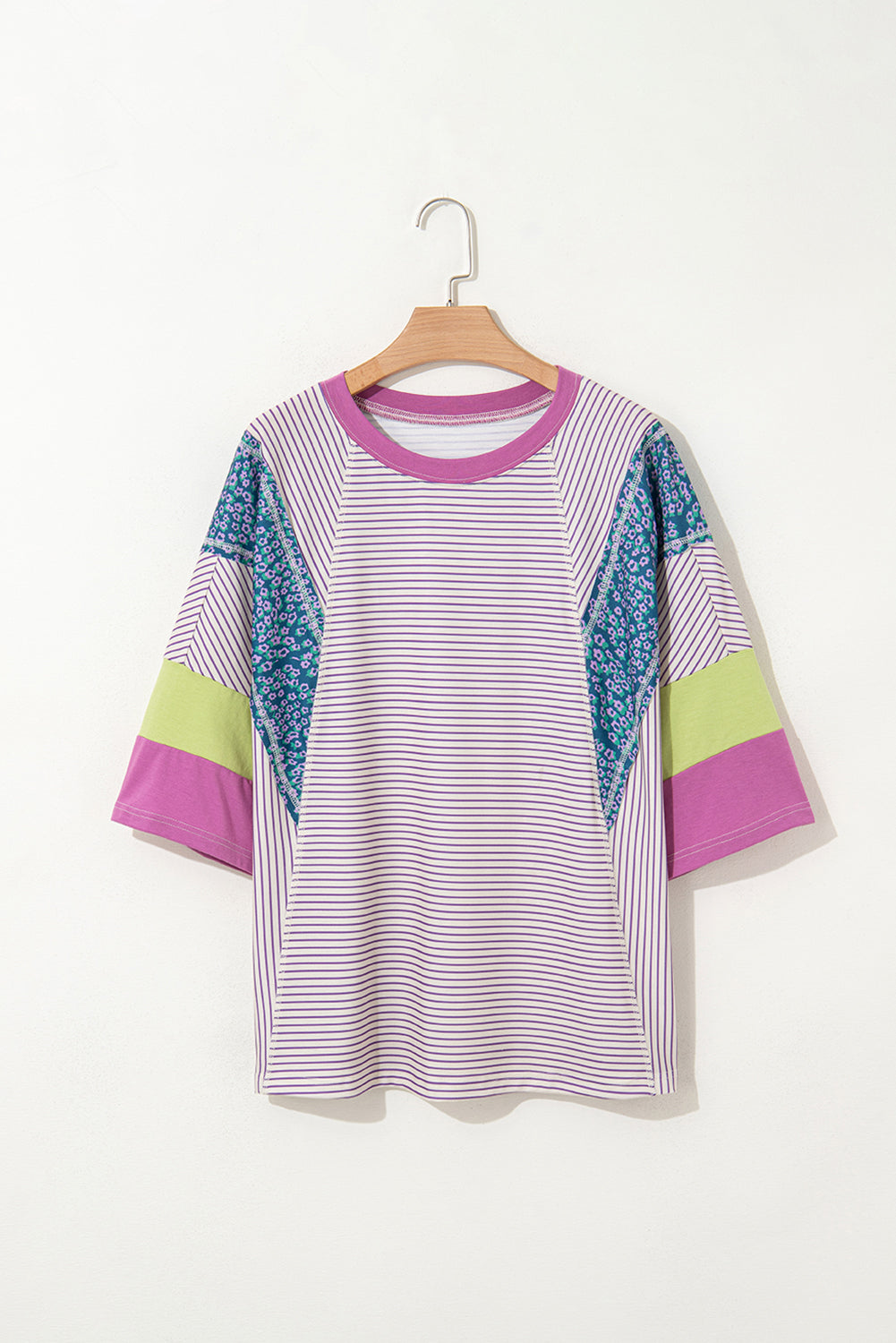Floral Stripe Colorblock Raw Edge Patchwork Blouse