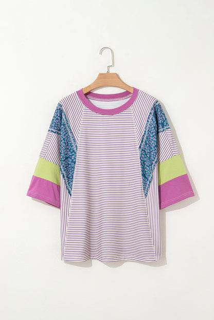 Floral Stripe Colorblock Raw Edge Patchwork Blouse