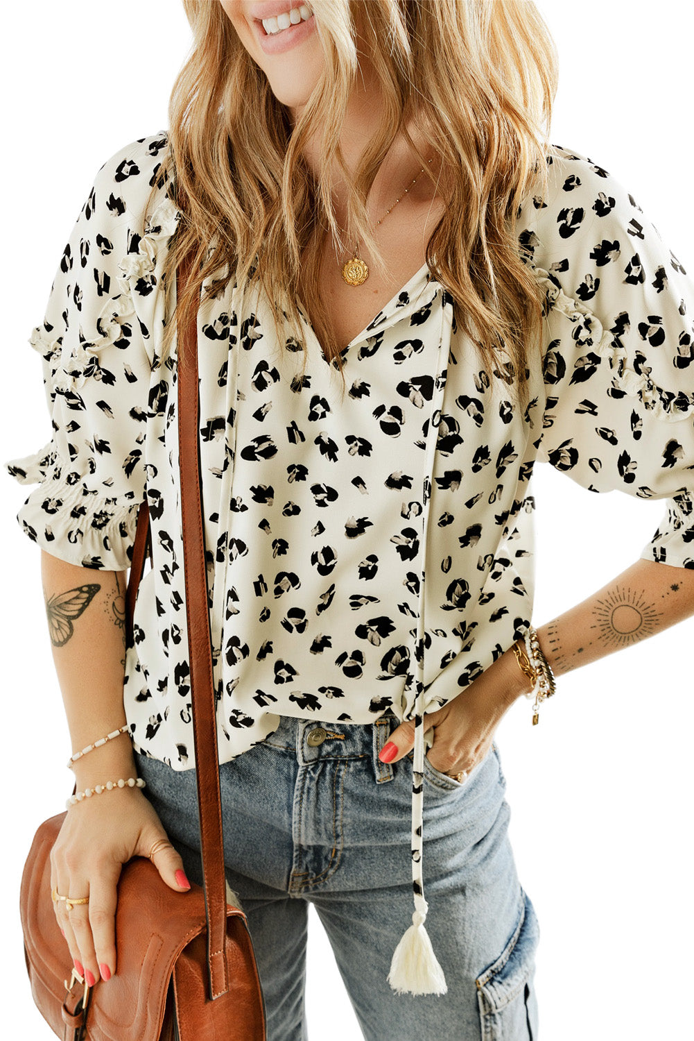 Leopard Frilled Puff Sleeve Blouse