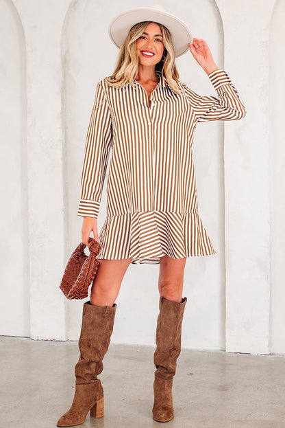 Stripe Ruffle Hem Collared Long Sleeve Shirt Mini Dress